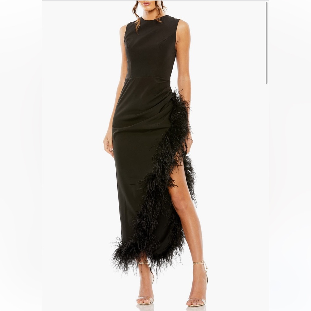 Mac Duggal Black Asymmetrical Dress with Feather Trim